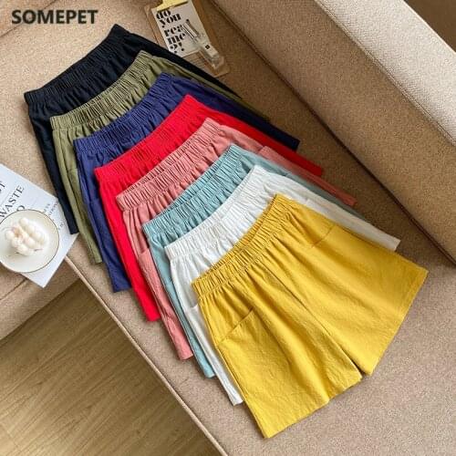 Women summer shorts Casual Solid Cotton Linen shorts elastic waist two pockets for girls Soft female shorts S-XXL