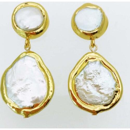 Womens Golden Plated natural white coin freshwater pearls stud Earrings