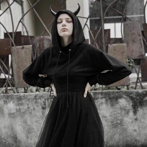 PUNKRAVE Womens Gothic Detachable Tail Short Sweatshirt Innovative Cool Loose Aglan Sleeve Elastic Pullover Hoodies