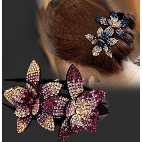 Rhinestone Double Flower Hair Clip Hair Crystal Peals Hair Combs Female Elegant Beads Hairgrip Handmade Fashion Hair Accessories