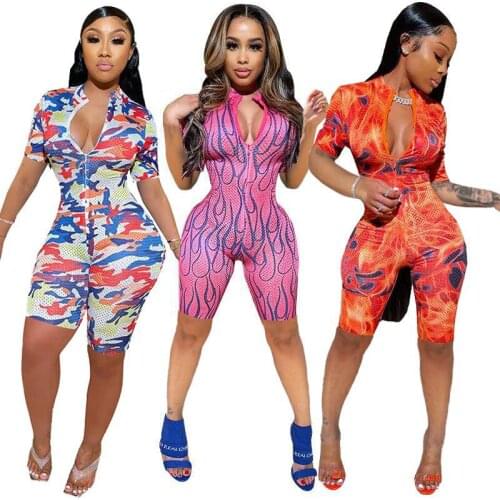 2020 Women Short Playsuit Womans One Piece Outfit Zipper Sexy Short Sleeve Jumpsuit Bodysuit Overalls Romper Summer Clothings
