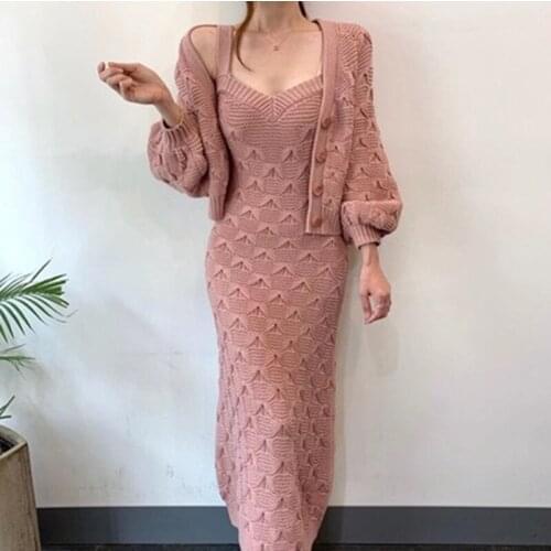 High Quality Fashion Lady Sweater Suit 2021 Spring Autumn Cardigan Sweater Coat + Sexy Knitted Suspender Dress Two-Piece Set