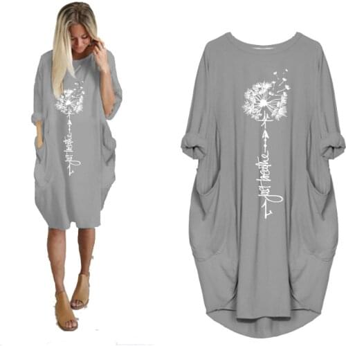 Womens Midi Dress Dandelion Print Long Sleeve Round Collar Pockets Casual Loose Femme Vintage Woman Robe Dresses Mujer Sundress