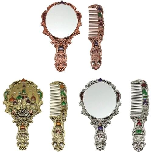 Womens Vintage Castle Portable Cosmetic Mirror Russian Style Handle Mirror Set with Comb
