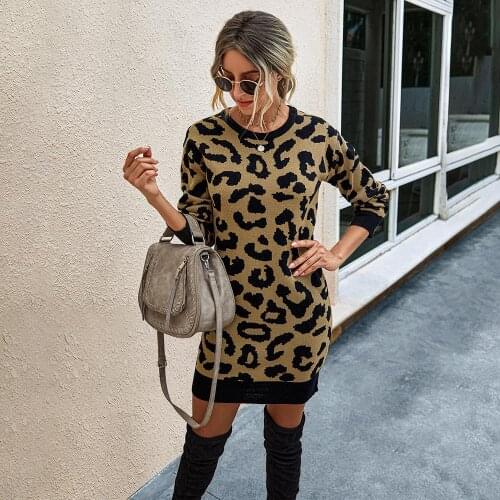 Winter Long Sleeve Knitted Sweater Dress Women Fashion Leopard Print Slim Sexy Mini Woman Dresses Elegant Vestidos 2020 Fall