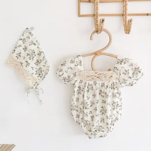 2021 0-24M Sweet Baby Girl Small Flower Romper+Hat Sumemr Short Sleeve Hollowed Lace Decoration Square Neck Triangle Playsuit