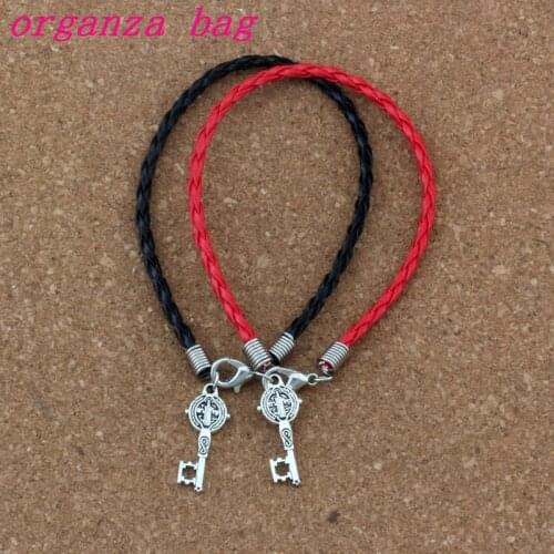 30pcs Leather Bracelet Zinc Alloy Saint Benedict Medal Cross Key Religious Charms Pendants Bracelet "Red & Black" B-351