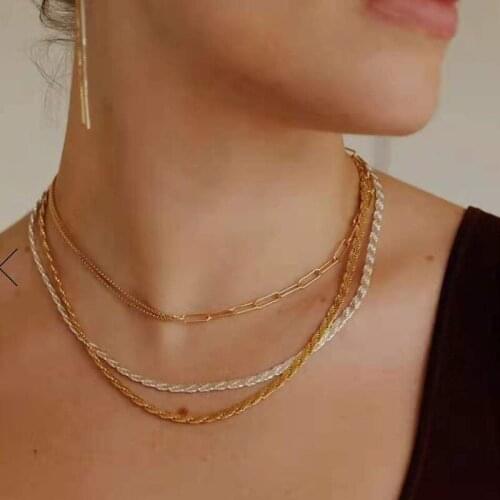 ALLNEWME Chic Asymmetric Splicing Titanium Steel Necklaces for Women Gold Color Linked Box Chain Chokers Necklace Pendientes