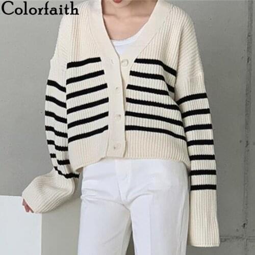 Colorfaith New 2021 Womens Autumn Winter Sweaters Elegant Lady Cardigans Fashionable Striped Vintage Short Knitwear SWC3365