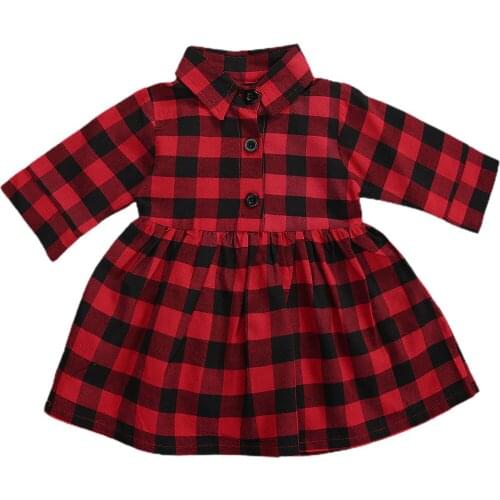 FOCUSNROM Christmas Infant Baby Girls Dress Plaid Print Long Sleeve Single Breasted Knee Length A-Line Dress