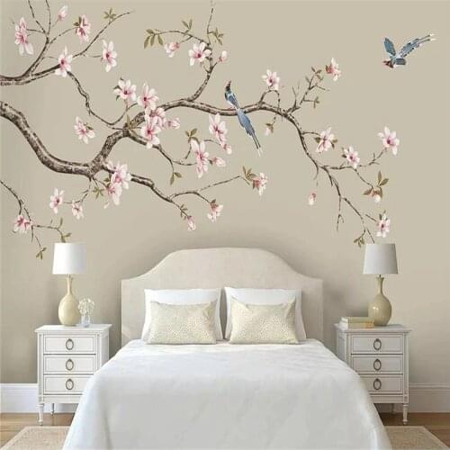 Custom Mural Wallpaper Magnolia Chinese Hand Painted Flowers And Birds Background Wall Painting
