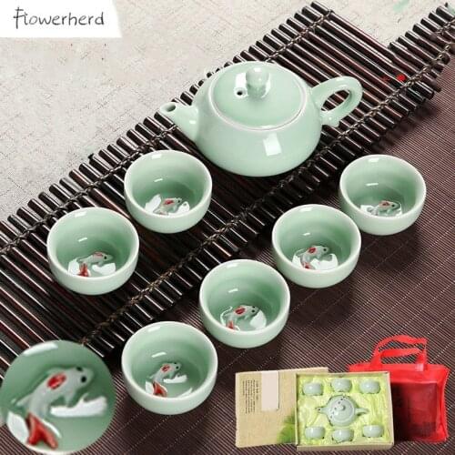 Ceramic Kung Fu Tea Set Teaware One Teapot Six Teacups Celadon Chinese Tea Set Ice Cracked Tea Cup Set of 6 Tea Pot and Cup Set