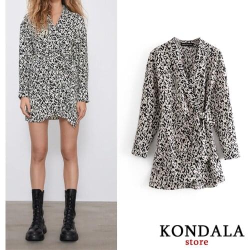 KONDALA Za 2020 Women Dress Fashion Vintage Leopard Print Mni Party Dress Long Sleeve Sashes Sexy V-Neck Dresses Elegant Vestido