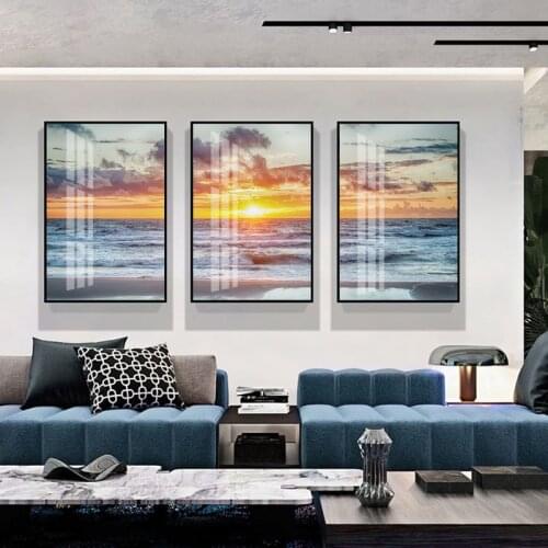 Pretty Scenery Beach Seascape Sunset Posters Holiday Landscape Yellow Blue Nordic Canvas Printing Wall Art Pictures Room Decor