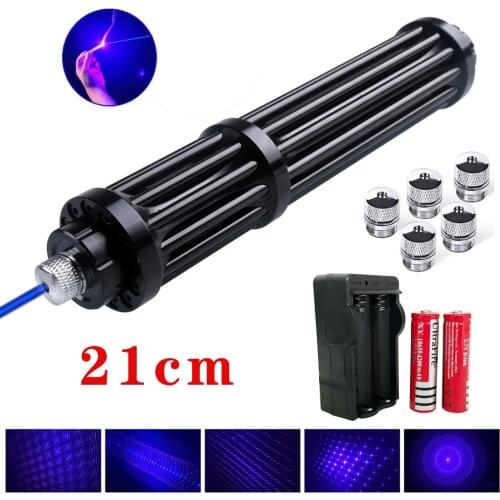 21cm 2w Blue Laser Pointer High Power 450nm 5000m Laser Torch Focusable Flashlight Burn Match With 18650 Battery+ Chacrger