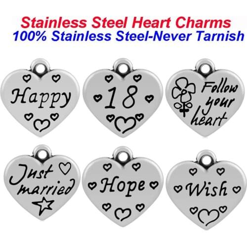 5pcs/lot Stainless Steel Engraved Heart Charm Pendant Vnistar 18 Faith Hope Dream Happy Message Charm Jewelry Making Necklace