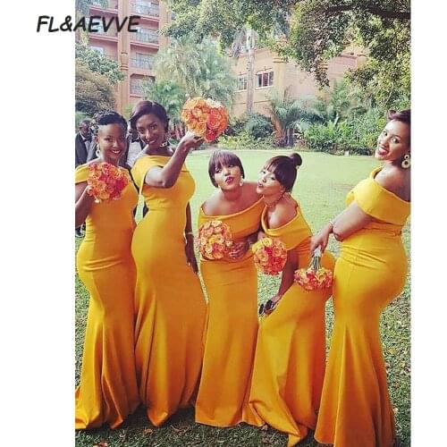 Wholesale Price Mermaid Bridesmaid Dresses Yellow Off-the-Shoulder Elastic Satin Sweep Brush Train for Wedding Party