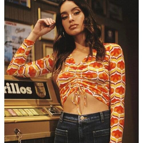 Women Long Sleeve Crop Tops Striped Patchwork Drawstring Ribbed Bandage Fitness Clothes