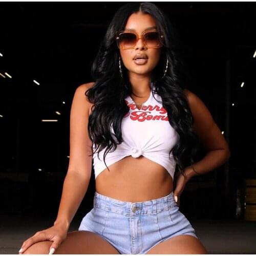 2021 Summer Basic Letter Print V-neck Short Top Sexy Vest Solid Color Womens Sleeveless Party Club Street Wrap Top