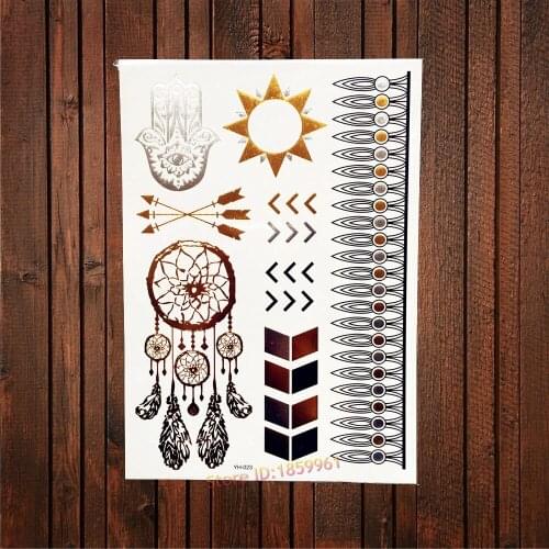 1PC Gold Hamsa Eye Hands Temporary Tattoo Sexy Body Art Dreamcathcer Feather Removable Tattoo Stickers Bracelet Henna Chains 023