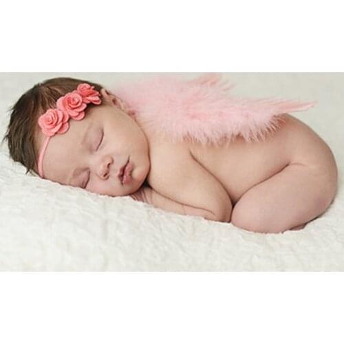 2pcs/set Cute Newborn Angel Feather Wings with Baby Girl Rose Flower Headband Hair Accessories for Infant Photography Props