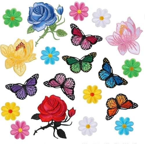 20 Pcs Flowers Butterfly Iron on Patches Sew on Embroidery Applique Patches for Arts Crafts DIY Decor,Jeans,Jackets,Bags