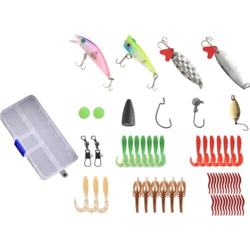 59 Mixed Fishing Lures, Including Hooks, Crankbaits, Baits, Plastic Worms And Tackle Box