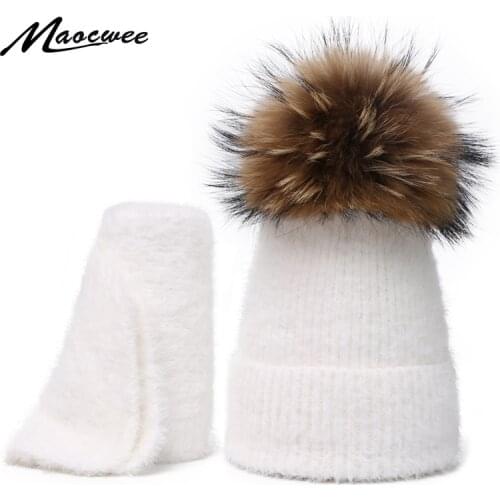 Children Winter Warm Adult Hat Scarf Set Scorpion Ball Head Cap Marten Hair Men and Women Solid Color Soft Crochet Rabbit Fur