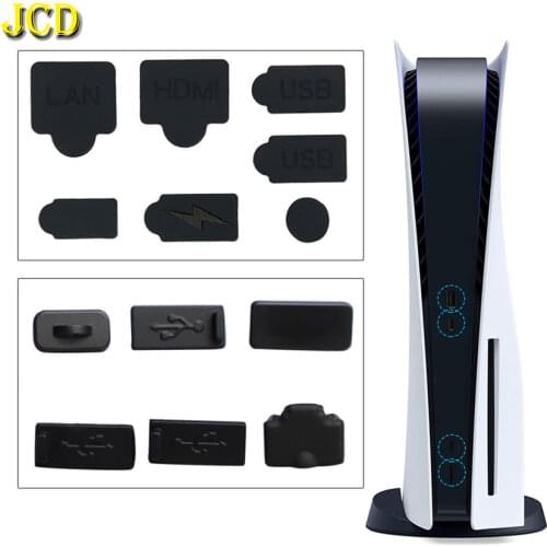 JCD 6 / 7pcs Black Silicone Host Dust Plugs Set USB HDM Interface Anti-dust Cover Dustproof Plug For PS5 Game Console