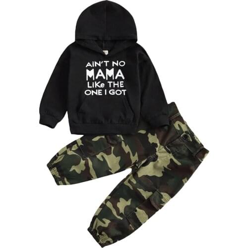 Kids Baby Boys 2-piece Outfit Set Long Sleeve Letter Print Hoodie+Camouflage Cargo Pants Autumn Winter Clothes Set