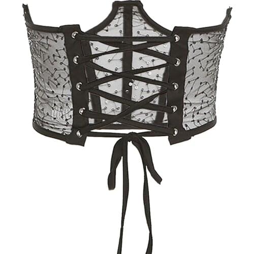 Women Body Shaper Sexy Sheer Sequins Corset Adjustable Lace-Up Cincher Crop Tops Bustier Wedding Dress Underbust Waist Trainer