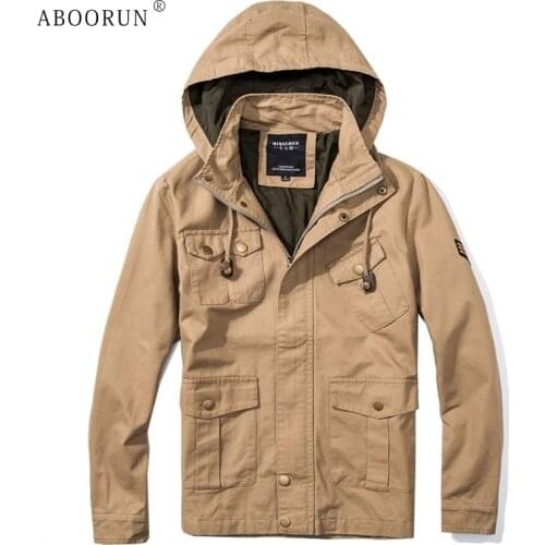 ABOORUN Mens Hooded Multi Pockets Cargo Jacket Military Windbreaker Coat Large Size 6XL Outdoor Coat