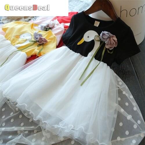 MERI AMMI Children Girl Clothing Short Sleeves Princess Swan Dress Floral TuTu Dress For 2-7 Year Baby Kids