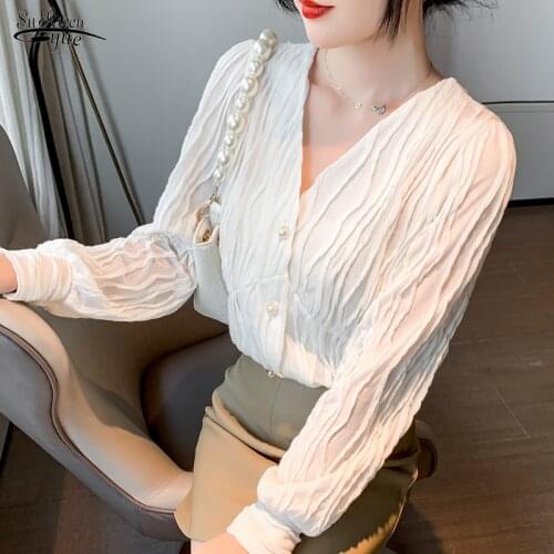 New Fashion Button Up Lace Shirt Women Vintage V Neck Pleated Women Blouse Lace Tops Long Sleeve Female Clothing Blusas 13211