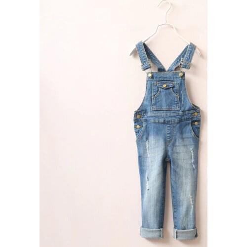 New Arrival Baby Girls Fashion Denim Overalls Jeans Kids Denim Jumpsuit Child Spring Autumn Long Pants Distrressed Jeans