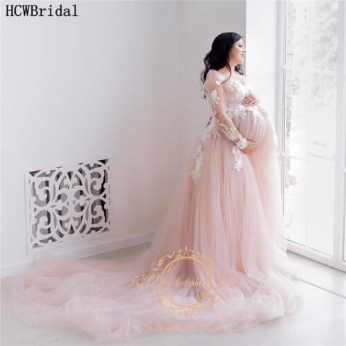 New Long Sleeves Pink Tulle Pregnant Women Evening Dress With Lace A Line Long Train Maternity Dresses For Photo Shoot Customize