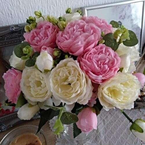 New pink big peony artificial flowers elegant beautiful silk fake flowers blossom peonies wedding home party decoration leaf