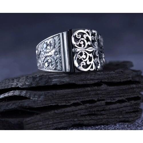 Onyx 925 Sterling Silver Special Engraved Mount Traditional Craftmanship Handmade Turkish Signet Ring Jewelry Gift for Women Men