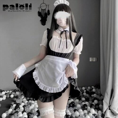 Paloli Transparent Chiffon Cosplay Anime Temptation Uniform Sexy Cute Lace Up Black and White Maid Dress Role Play Costume Suit