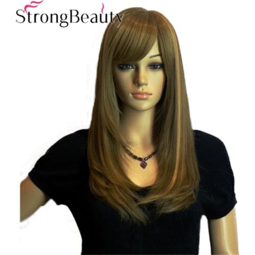 StrongBeauty Girl Cosplay Blonde Brown Wig Long Straight Oblique Bangs Full Hair Wigs