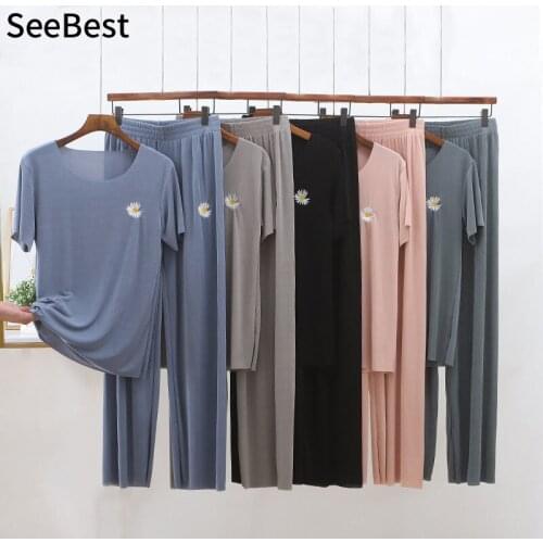SeeBest Cold Comfy Ice Cotton Pajamas Set Women Daisy Embroidery Pajamas Pajamas Homewear Sleepwear Lounge Casual Women Pajamas