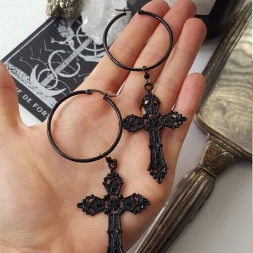 Goth Black Cross Hoops Earrings Witchy Alternative Victorian Medieval Witchy Punk Statement Rock Classical Jewelry Women Gift