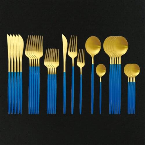Blue Gold Matte Stainless Steel 30Pcs Cutlery Set Knife Dessert Fork Spoon Tableware Dinnerware Set Kitchen Silverware Set