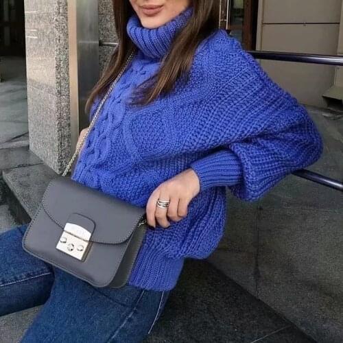 Foridol Turtleneck Knitted Twist Sweater Pullovers Women Blue Vintage Casual Jumpers Winter Oversized Sweater Tops 2020