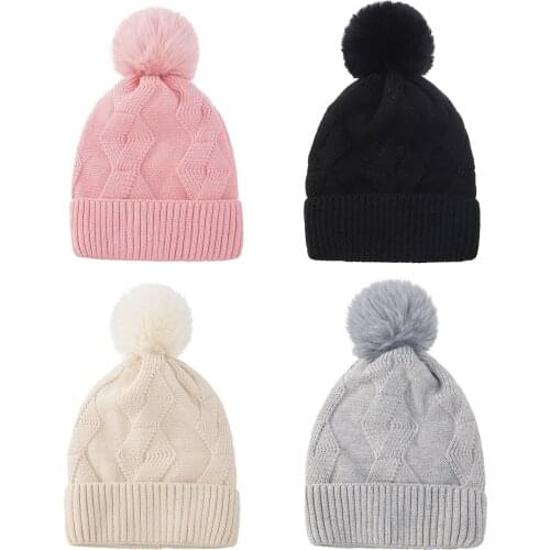 KENSHELLEY New Womens Winter Wool Hat Solid Color Single Ball Core Spun Yarn Diamond Warm Plush Knitted Beanies