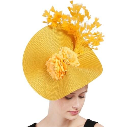 Yellow Cocktail Straw Hat Disc Fascinator Millinery Sinamay Feather Vintage Tea Party Hat Artificial Flower Decoration Headwear