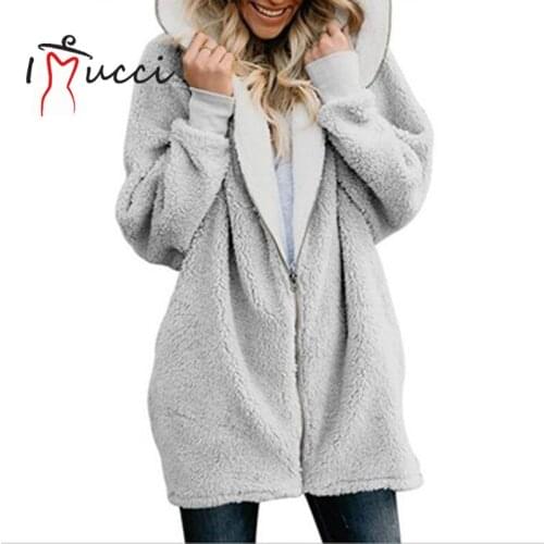IMucci Womens Jacket 2020 Winter Fashion Warm Plush Fur Coat Zipper Pocket Hooded Jacket Female Long Sleeve Oversize Clothes