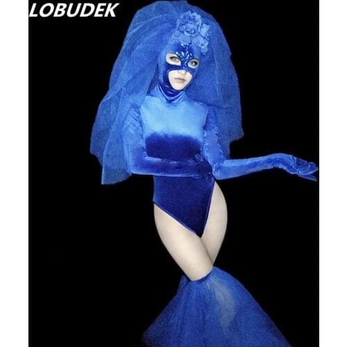 Blue Bodysuit With Crystals Flowers Mask Nightclub Women Leading Dance Stage Wear Bar Party Show Team Performance Dance Costume
