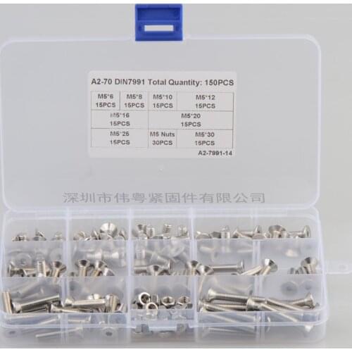 150pcs M5 mm flat head countersunk head grade 10.9 Alloy Steel Hex Socket Head Cap Screw DIN7991 Screws