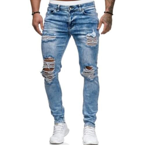 2020 Mens New Solid Color Jeans Light Blue Hole Slim Straight Stretch Denim Pants Spring and Summer Thin Washed Denim Pants